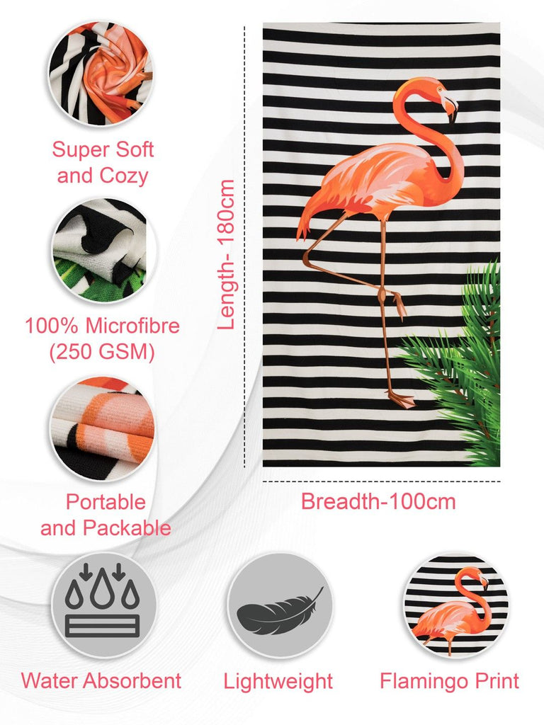 Feature highlights of Yellow Bee's striped flamingo microfiber towel for teens.