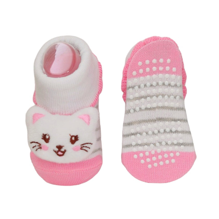 Infant socks with pink cat face design for ages 6-12 months