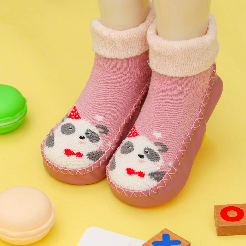 Pink panda print socks with leather soles and fluffy ankle cuffs for baby girls