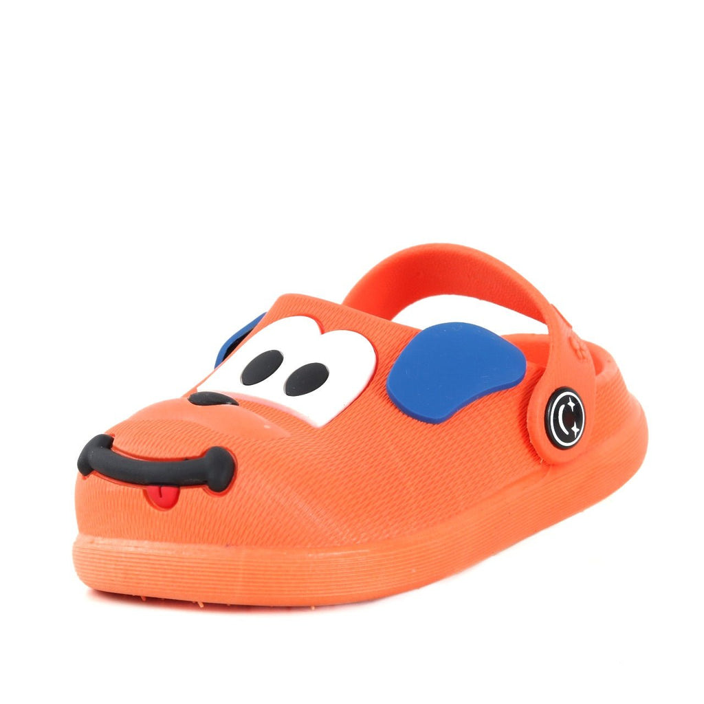 Side view of orange puppy pattern clogs for boys with secure strap by Yellow Bee.