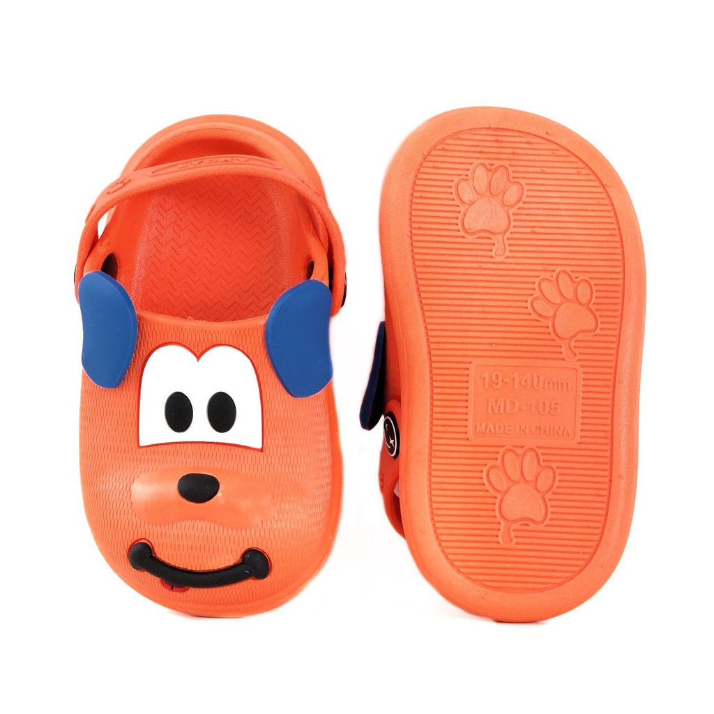 Overhead view of Yellow Bee's orange puppy pattern clogs for boys.