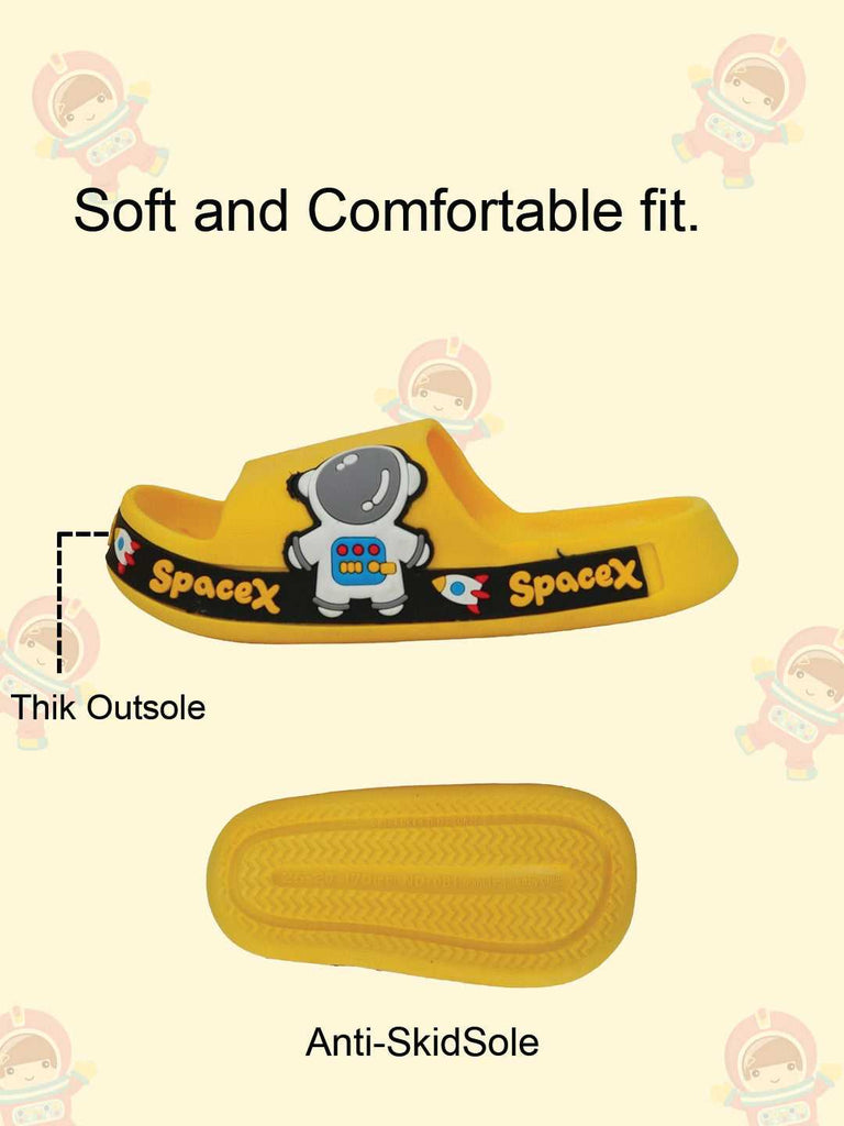 Comfort focus of the light yellow slides with a soft fit and anti-skid sole