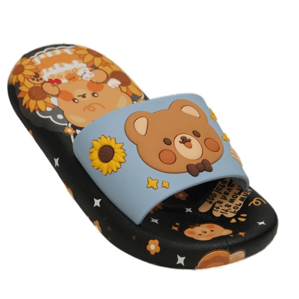Single black slide with teddy and sunflower design, offering both cuteness and comfort for your casual days