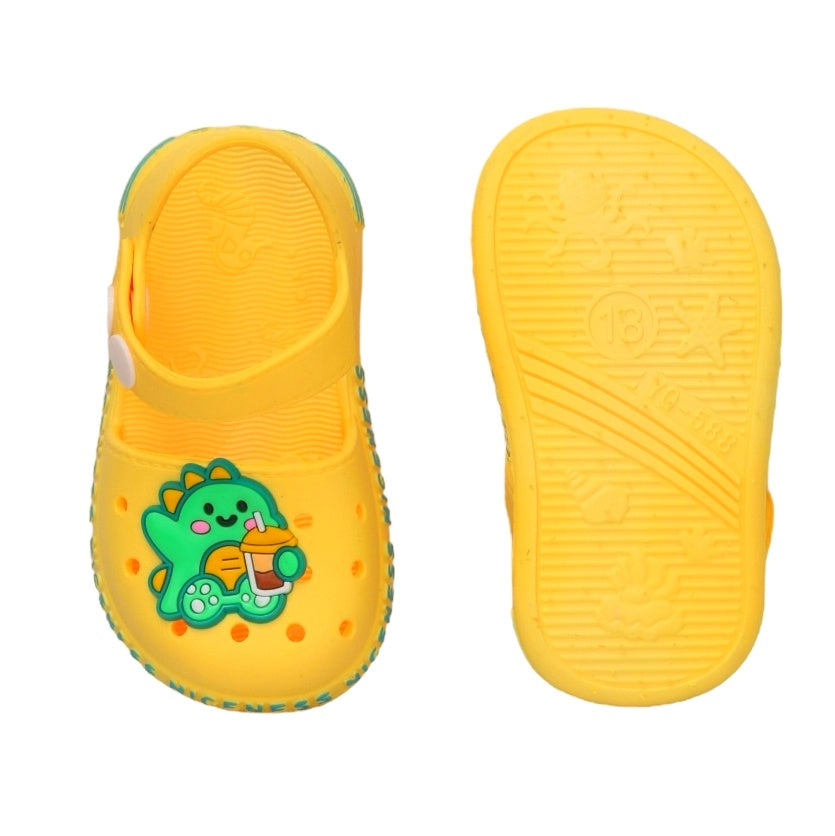 Top and Sole View of Bright Yellow Children's Dino Detail Sandals
