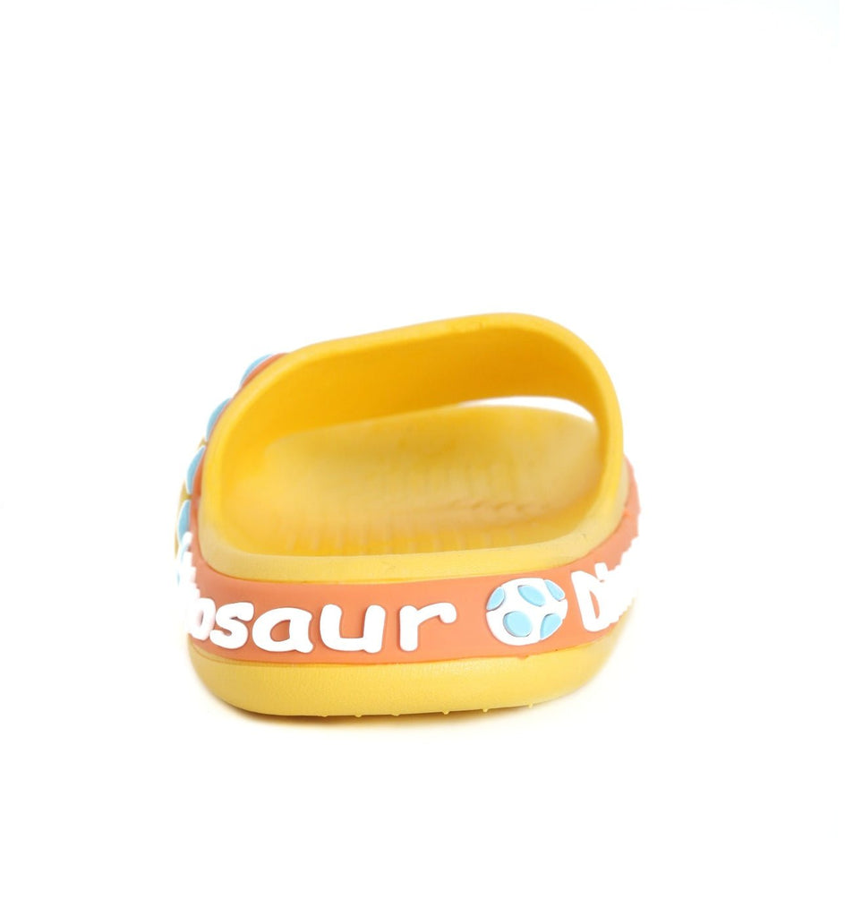 Rear View of Yellow Dinosaur Applique Slides for Kids on Pebble Ground