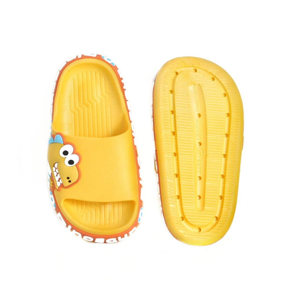 Top and Bottom View of Yellow Kids' Dinosaur Applique Slides