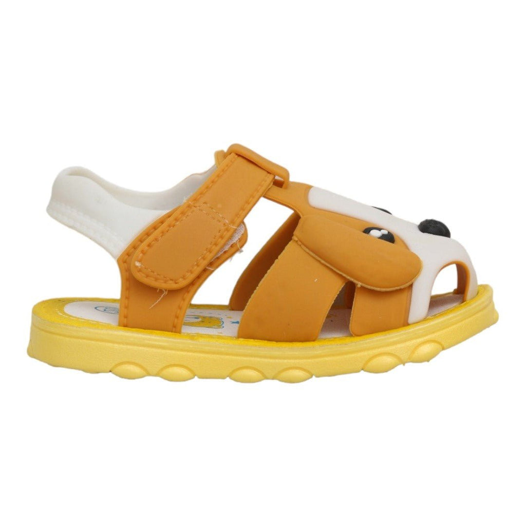 Side view of toddler's brown puppy applique sandals with yellow accents and comfortable fit.