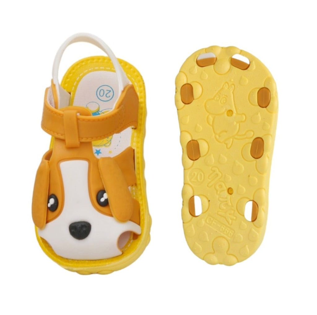 Top and bottom view of brown puppy applique sandals, highlighting the fun insole and anti-slip sole design.