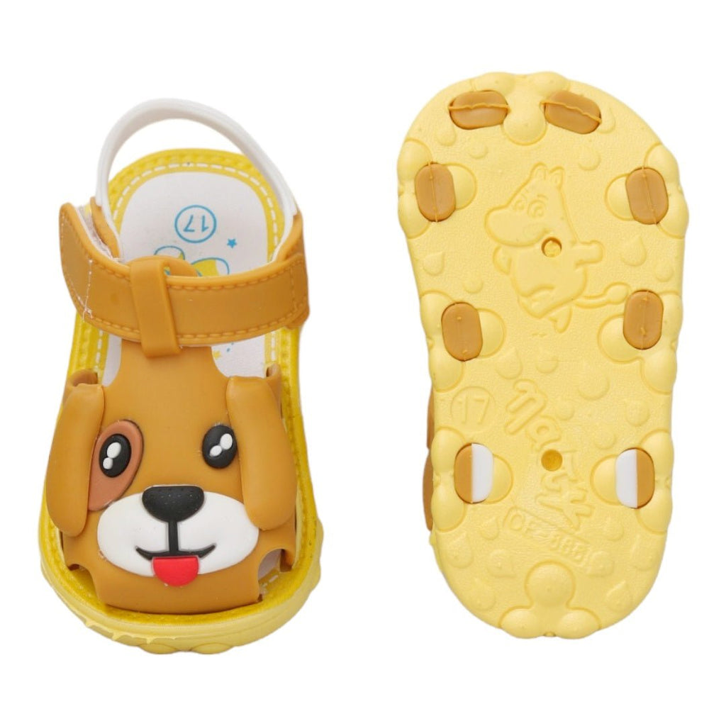 Top and bottom view of the brown puppy applique sandals, showing the playful design and tread pattern.