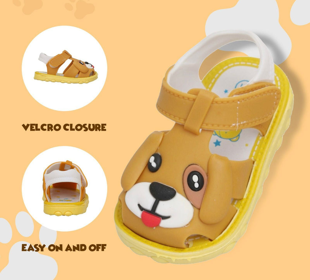 Yellow and brown puppy applique sandals for toddlers highlighting the easy Velcro closure