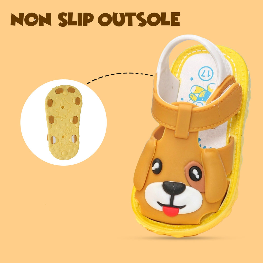 Non-slip outsole feature of brown puppy applique toddler sandals for safe play