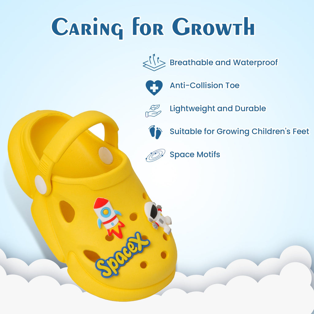 Advertising image showcasing the features of kids' yellow space explorer clogs.