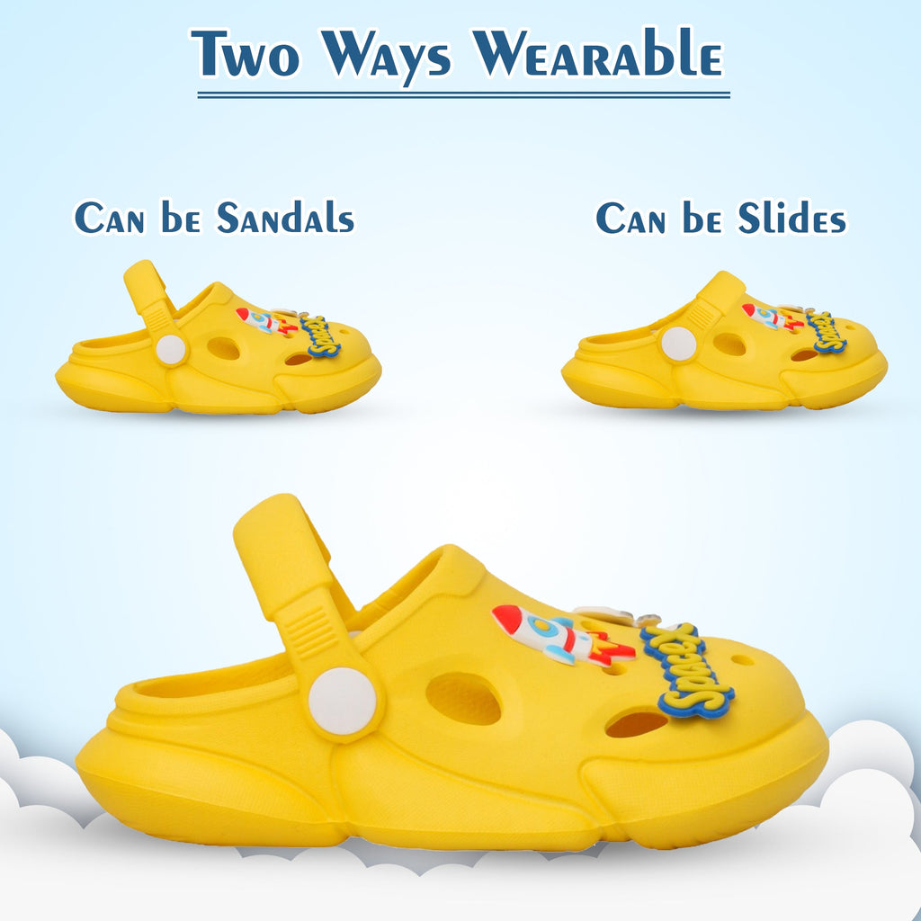 Convertible yellow space motif clogs displayed in both sandal and slide modes