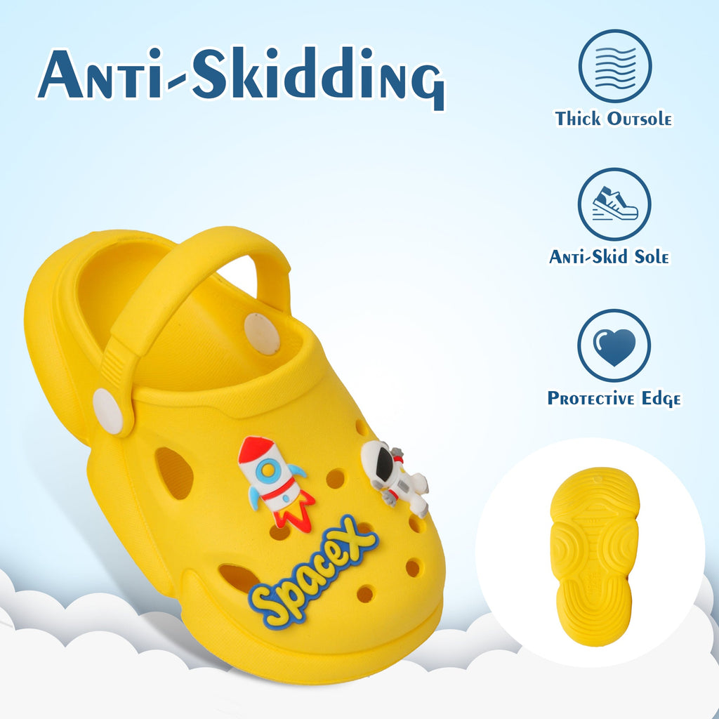 Side view of the yellow space-themed clogs with durable anti-skid soles