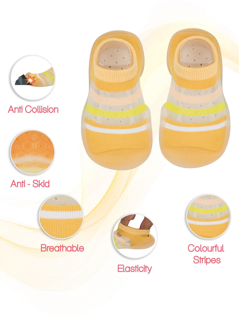 Yellow striped shoe socks by Yellow Bee highlight breathable material and anti-skid pattern