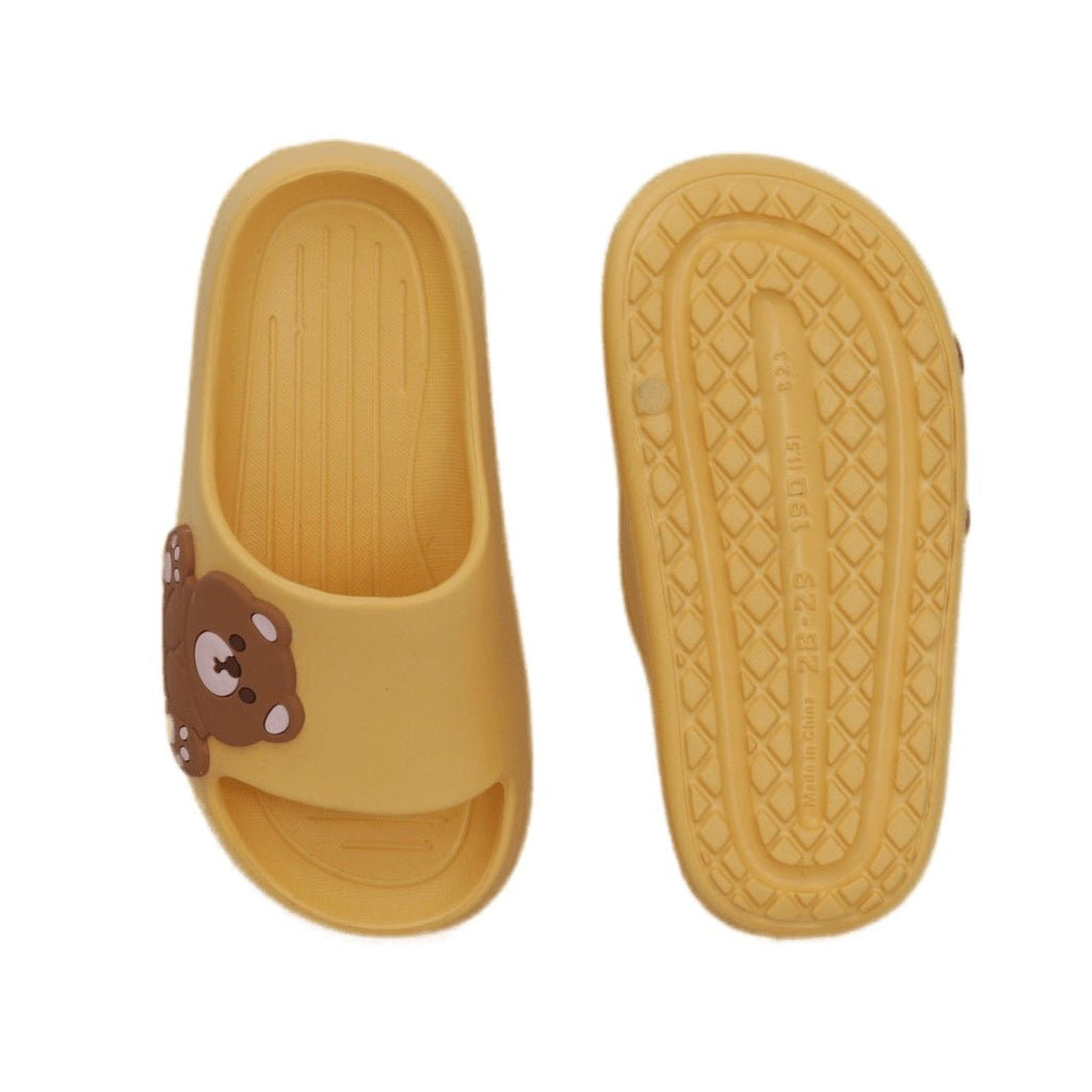 Top and bottom view of yellow teddy bear slides showcasing the non-slip sole