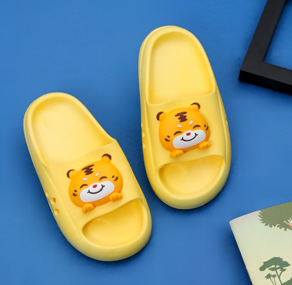 Pair of yellow tiger applique slides on a blue background, perfect for playful kids