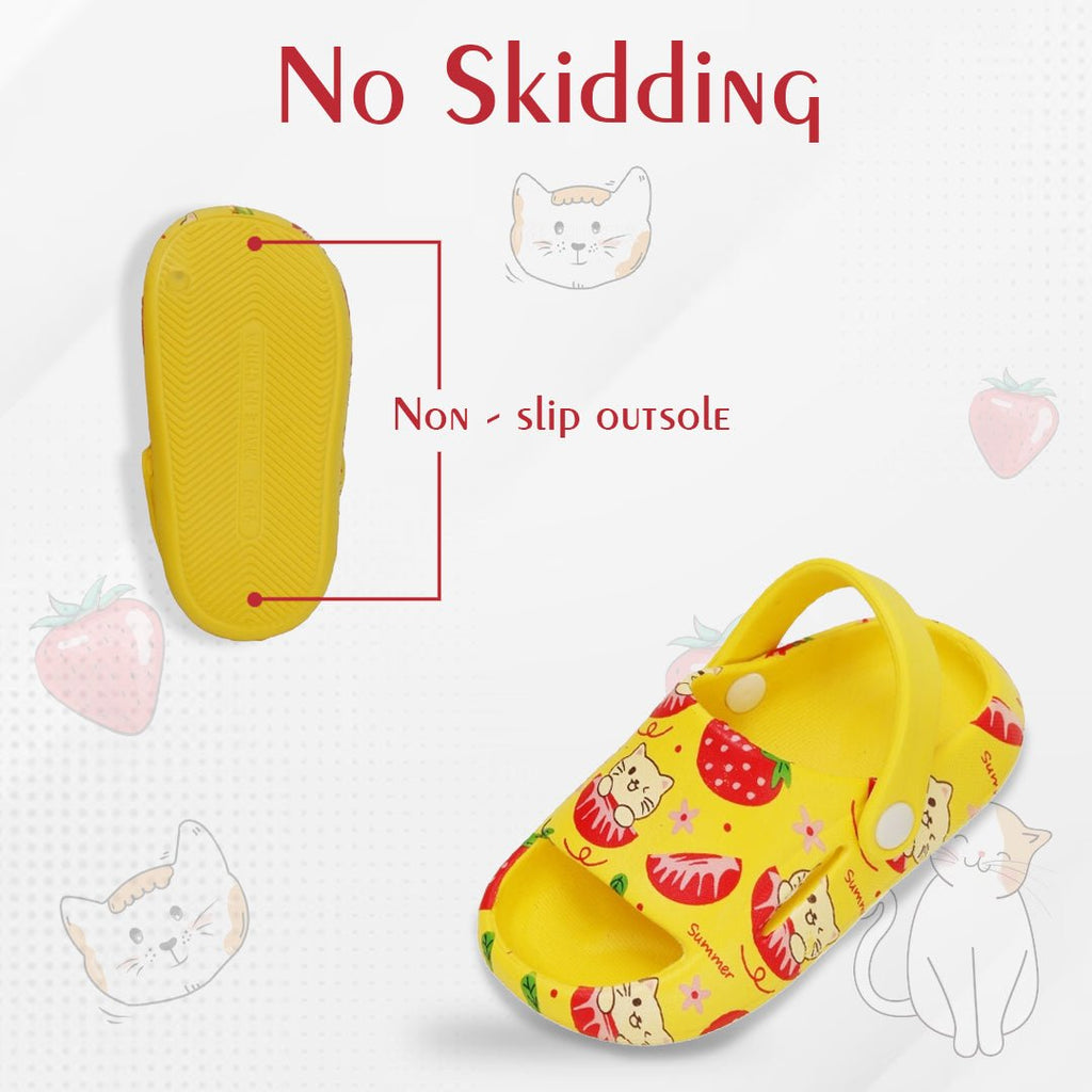 Yellow kids' sandals showcasing the anti-skid feature with a detailed view of the non-slip outsole.