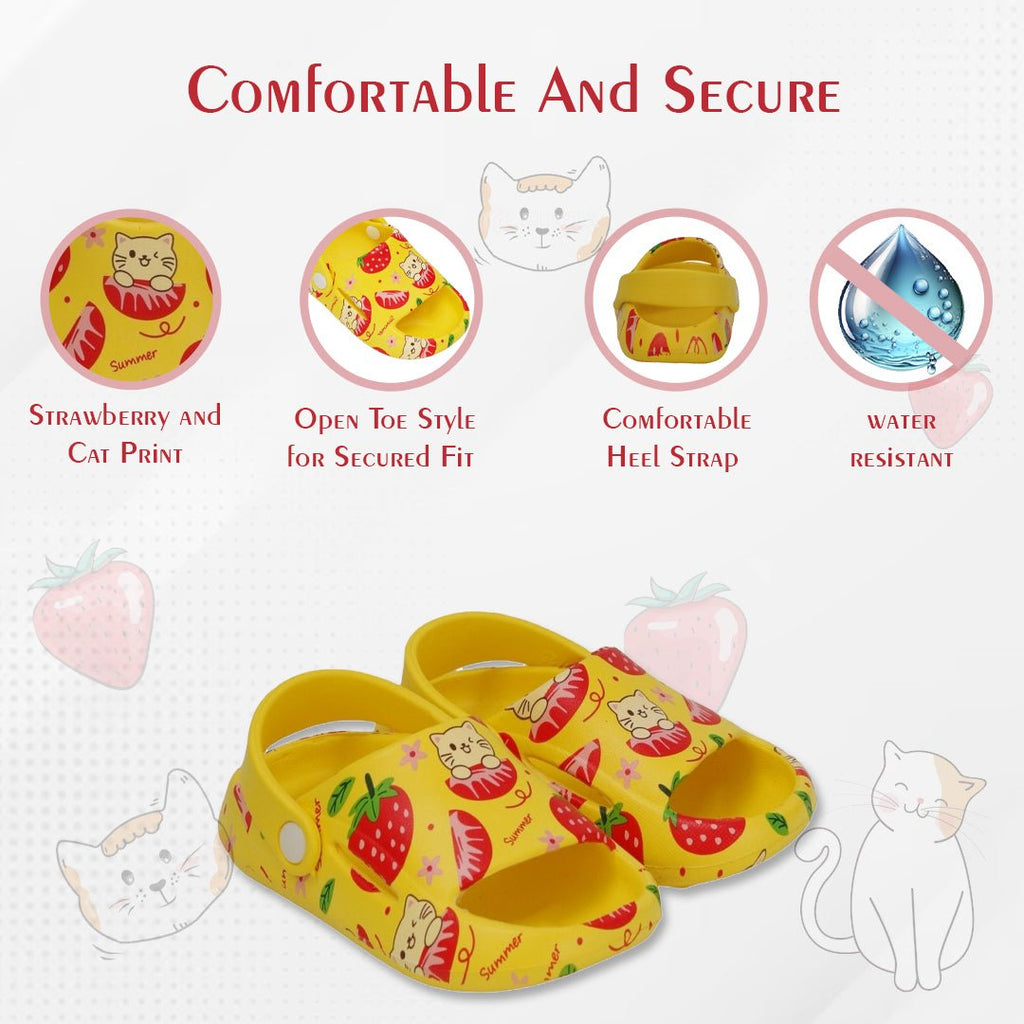 Infographic highlighting features of yellow sandals including strawberry and cat print, open-toe design, and water resistance.