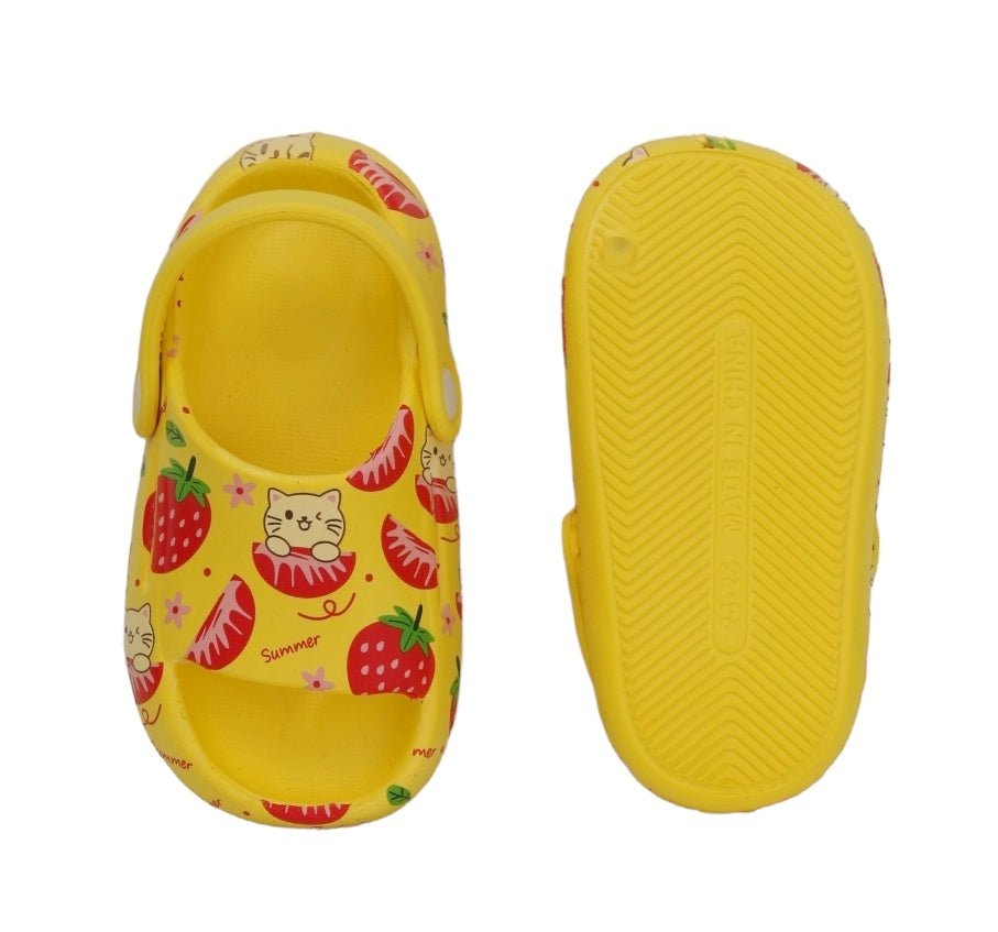 Top and bottom perspective of yellow sandals with playful strawberry and cat print.