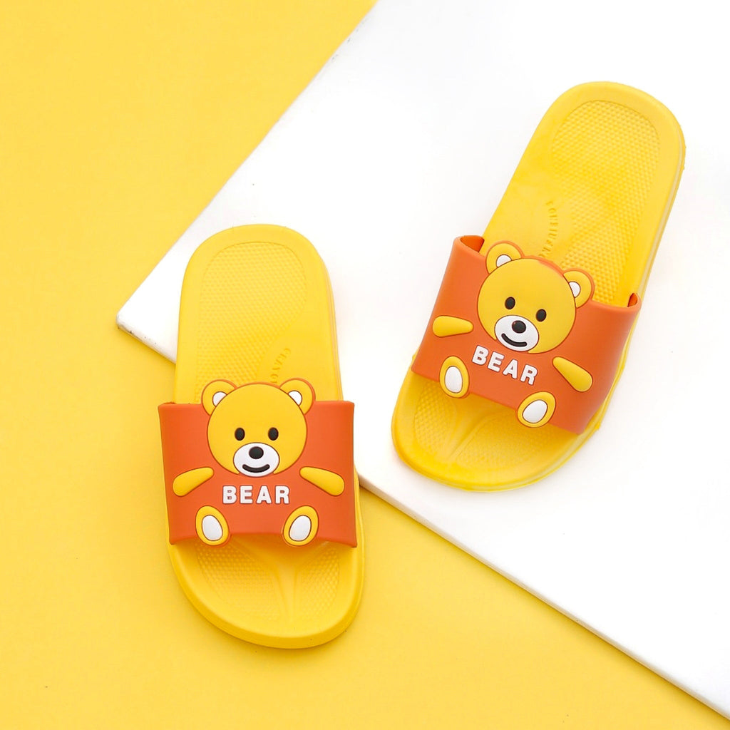 Top and Bottom View of Cheerful Yellow Teddy Applique Slides