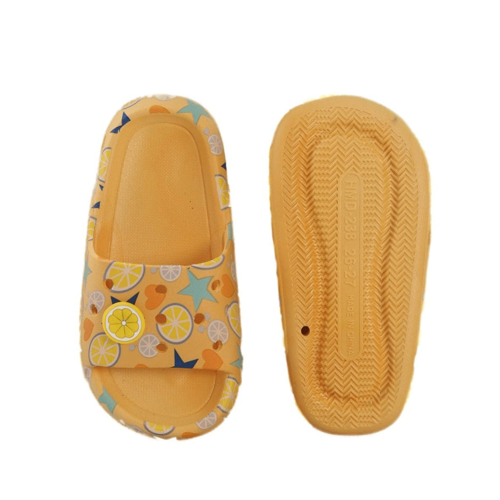 Overhead and Sole View of Citric Fruit and Star Print Slides with Non-Slip Tread