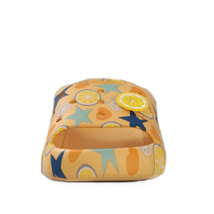 Front View of the Zesty Citric Fruit and Star Print Slide in Sunny Yellow