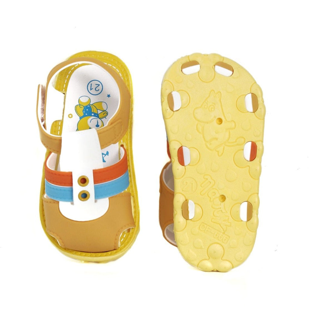 Underside view of the Sunshine Explorer sandals showcasing the non-slip yellow tread.