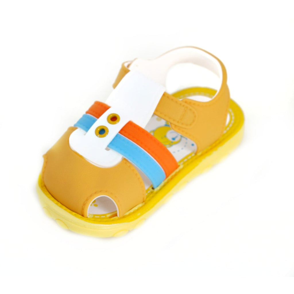 Top view of brown comfort sandals featuring adjustable straps and a cheerful insole design.