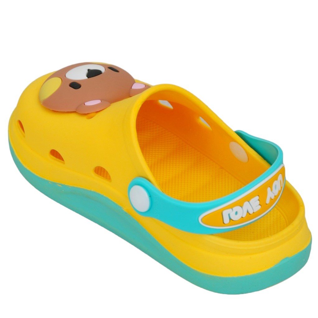 Side view of yellow children's clog with bear motif and adjustable heel strap