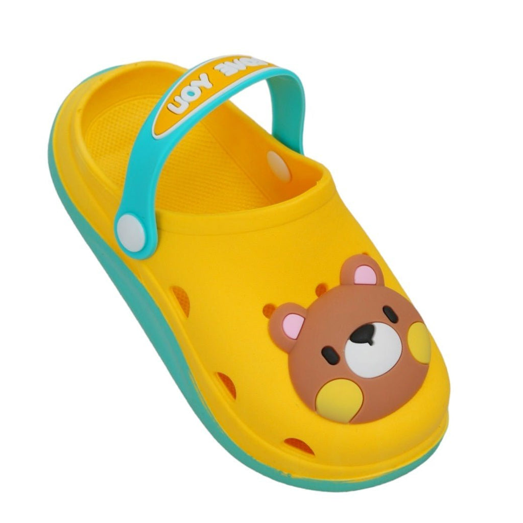 Top angle of kids' yellow bear motif clog with turquoise accents