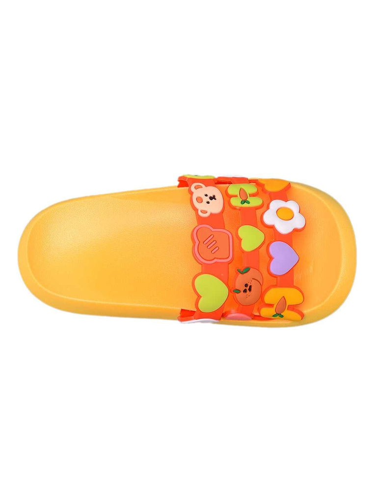 Kid's yellow slide sandal adorned with playful appliques, perfect for playful children who love color.