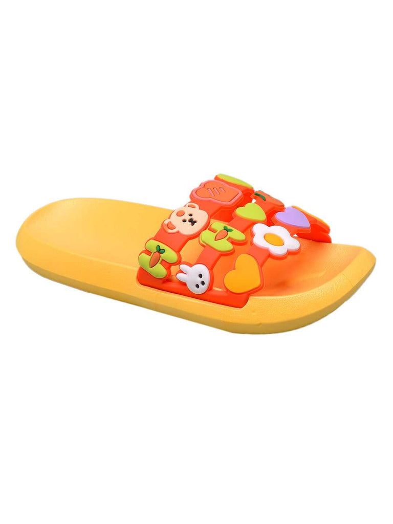 Side angle view of a kid's applique slide with vibrant decorative elements for a fun and stylish look.