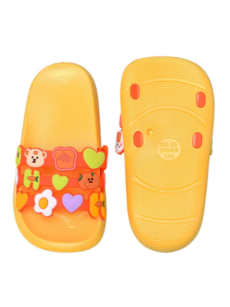 Bottom view of child's slide showing the textured sole for grip and colorful side appliques for a fun appearance