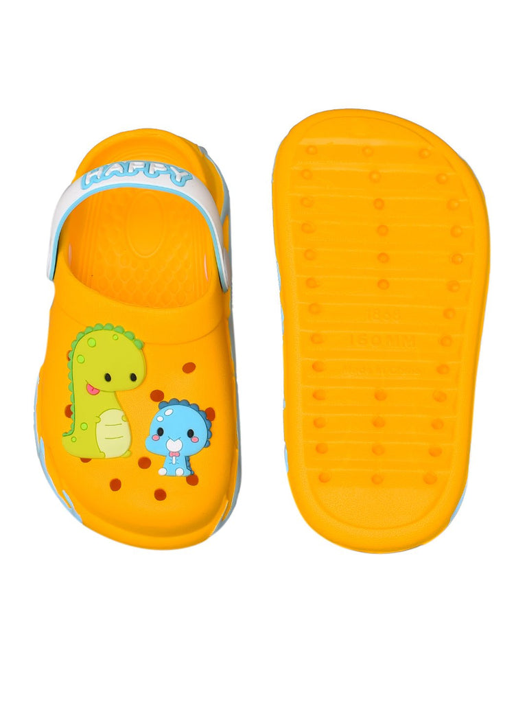 Top view of sunshine yellow children's clogs with cute dinosaur decorations for the little adventurer.