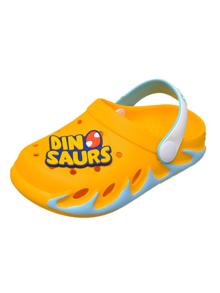 "Side view of bright yellow kids' clogs with a fun dinosaur design, ready for action and exploration.-1