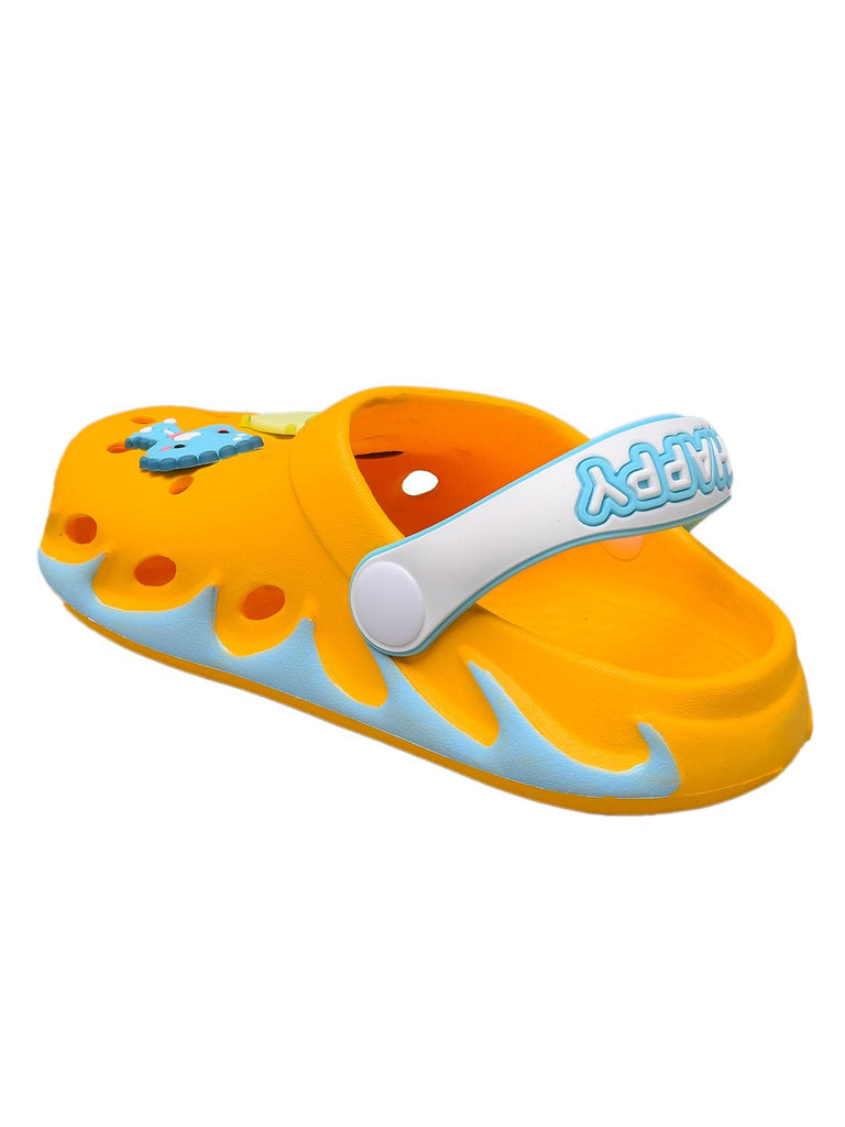 Side view of bright yellow kids' clogs with a fun dinosaur design, ready for action and exploration.-3