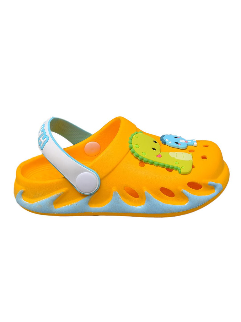 Side view of bright yellow kids' clogs with a fun dinosaur design, ready for action and exploration.-2