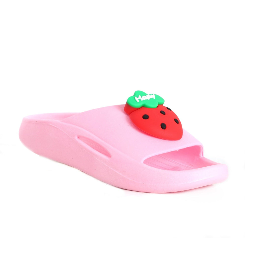 Side view of a pink slide with red strawberry design for kids
