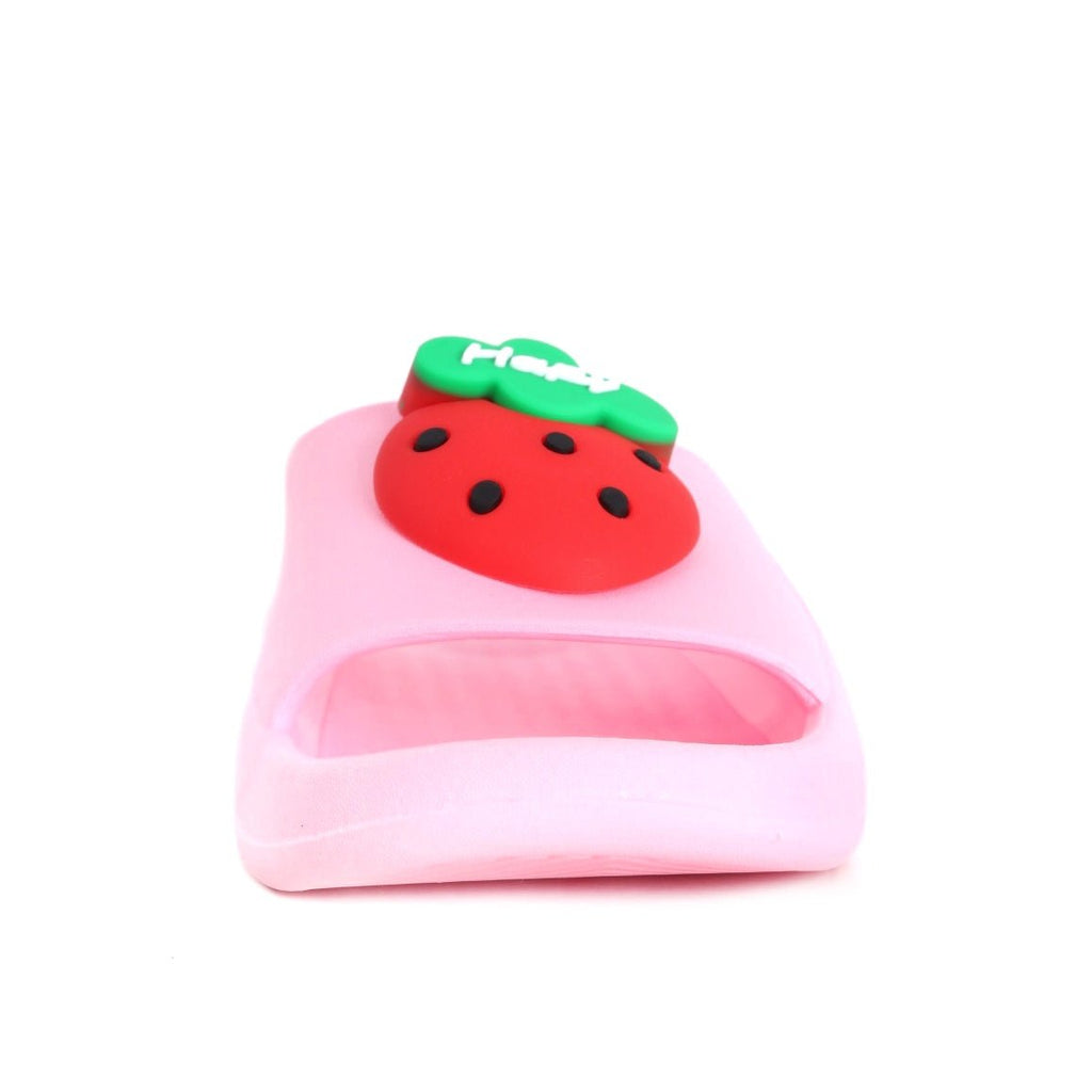 Front view of a pink slide for kids with red strawberry detailing
