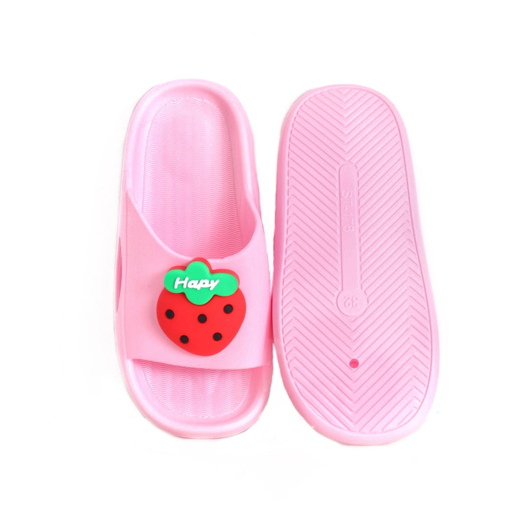 Top and bottom of pink children's slides with red strawberry decoration