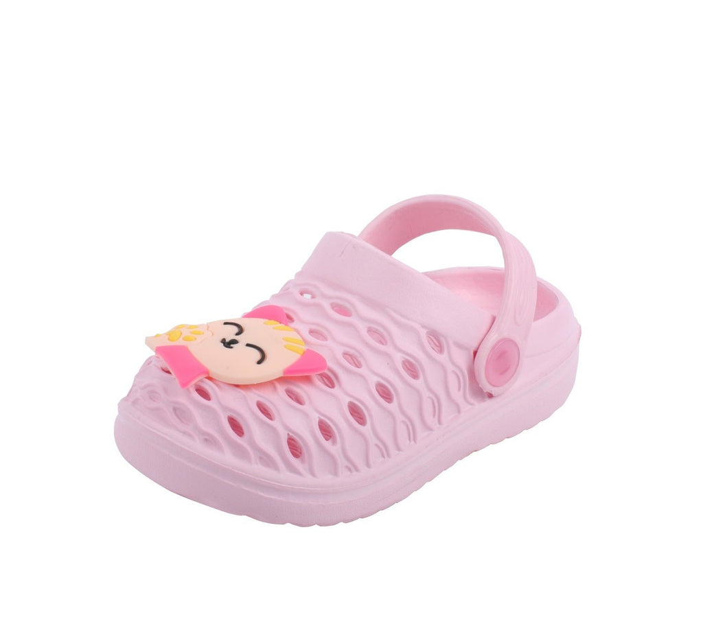 Angle view of Sweet Pink Kitty Whimsy Clogs for Girls, showcasing the rubber material and kitty design
