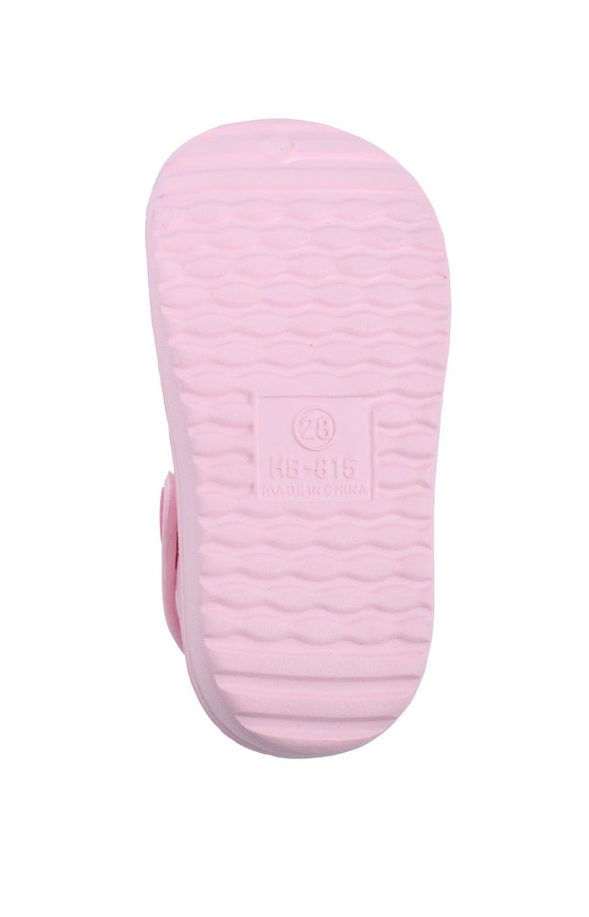 Back view of Sweet Pink Kitty Whimsy Clogs for Girls, displaying the water-resistant flat heel.