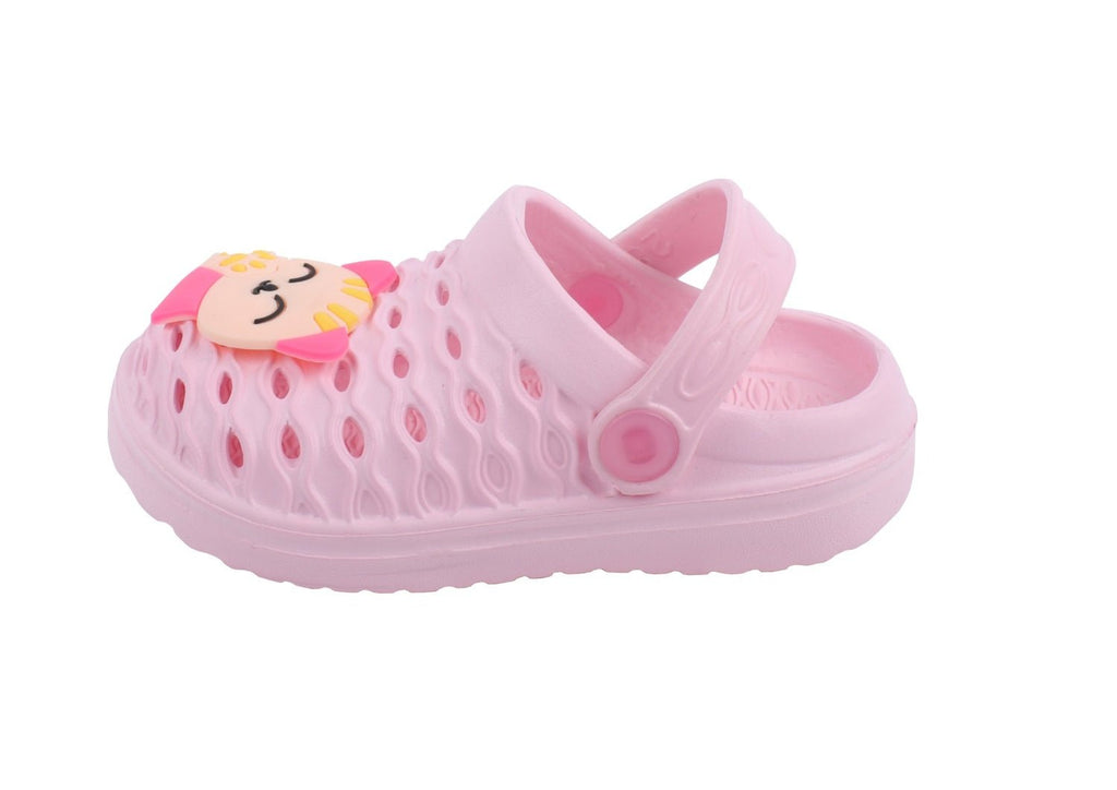 Side view of Sweet Pink Kitty Whimsy Clogs for Girls, emphasizing the rubber sole and comfortable design