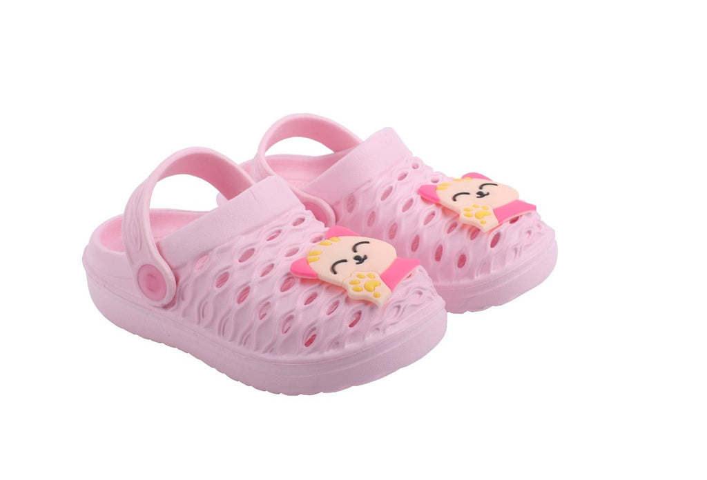 Full view of Sweet Pink Kitty Whimsy Clogs for Girls, illustrating the pull-on style and anti-skid sole
