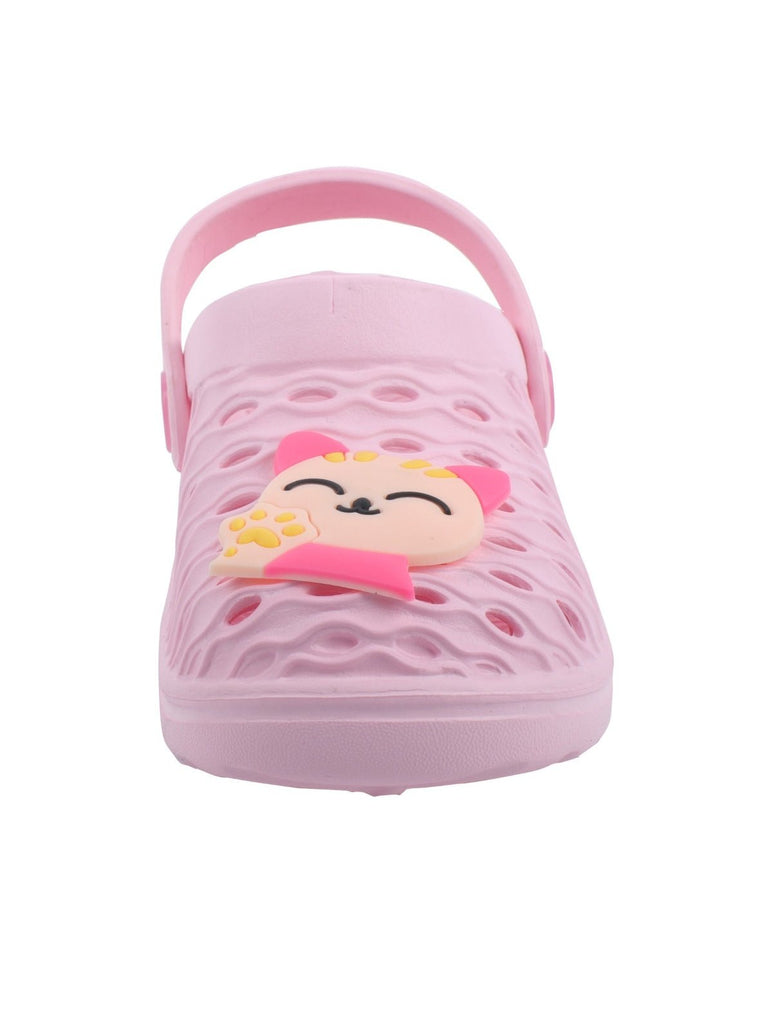 Close-up view of Sweet Pink Kitty Whimsy Clogs for Girls, highlighting the kitty appliqué and pink color