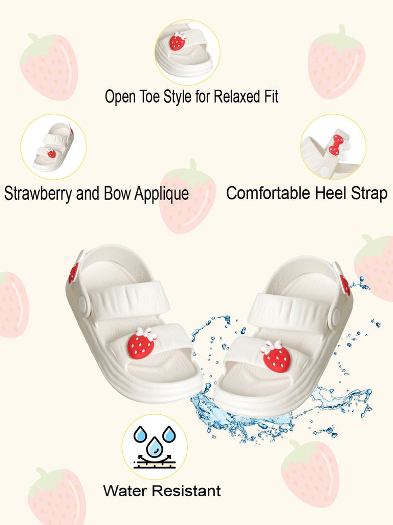 Infographics Detail of the white sandals' features including strawberry applique and comfort fit