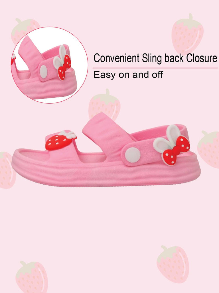 Infographic Pair of Pink Strawberry Bow Sandals with non-slip outsole and fun design