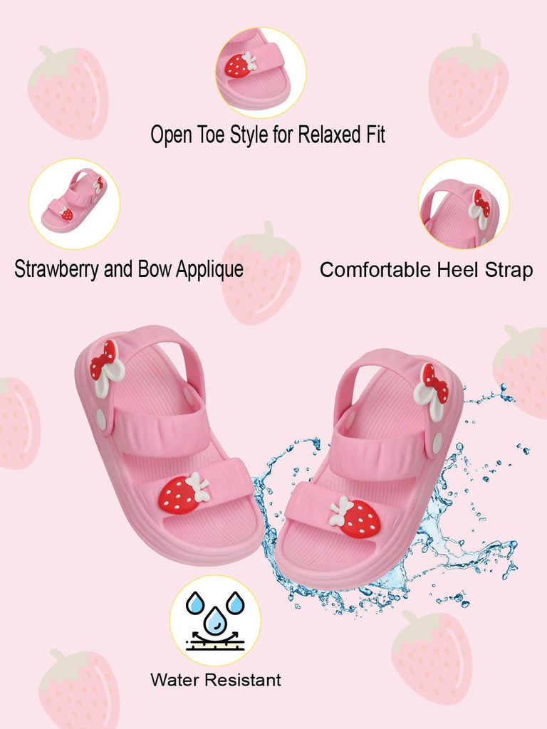 Inforgraphic One Pink Strawberry Bow Sandal with a cute berry appliqué