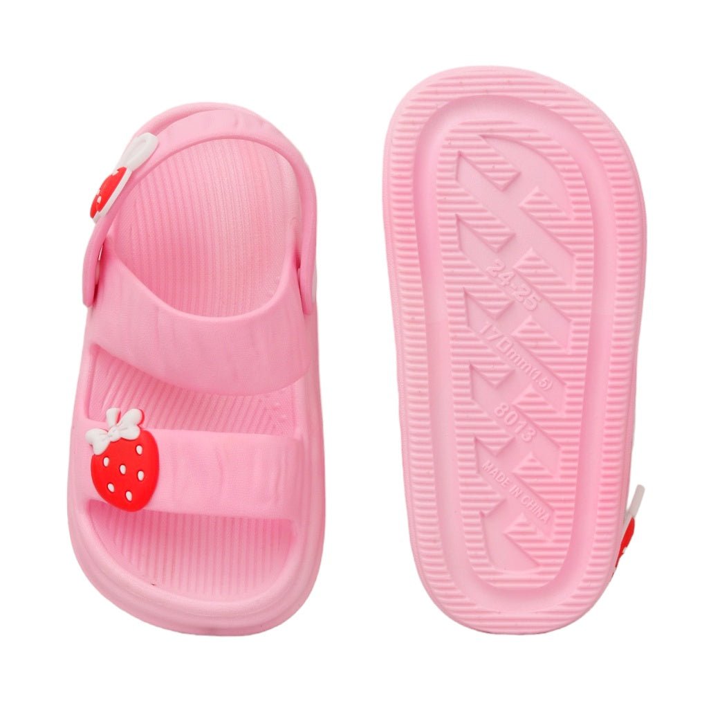 Bottom view of Pink Strawberry Bow Sandals with textured non-slip sole